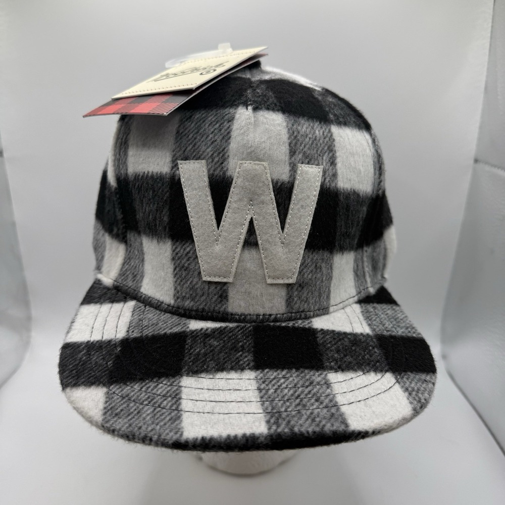 Woolrich Plaid Flat Brim Hat W Logo Strapback Wool Blend Black White New
